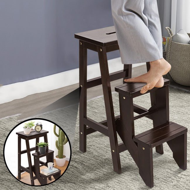 3-In-1 Solid Rubberwood Foldable Ladder Bench 3 Tier Step Stool - Avionnti