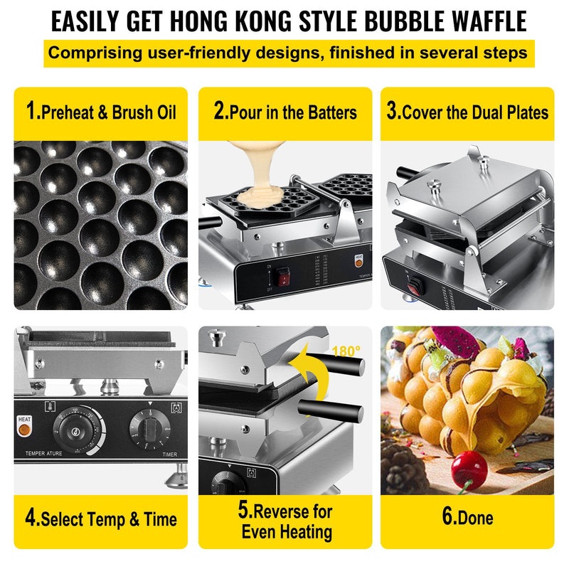 Best 1500W Electric Bubble Egg Waffle Maker W/ Reversible Double Pans - Avionnti