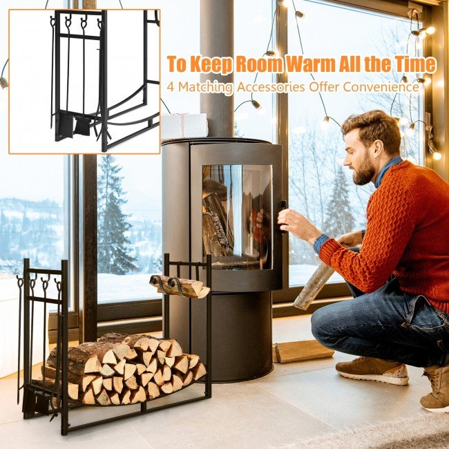 BEST Firewood Rack With Tool Set Kindling Holders For Indoor & Outdoor - Avionnti