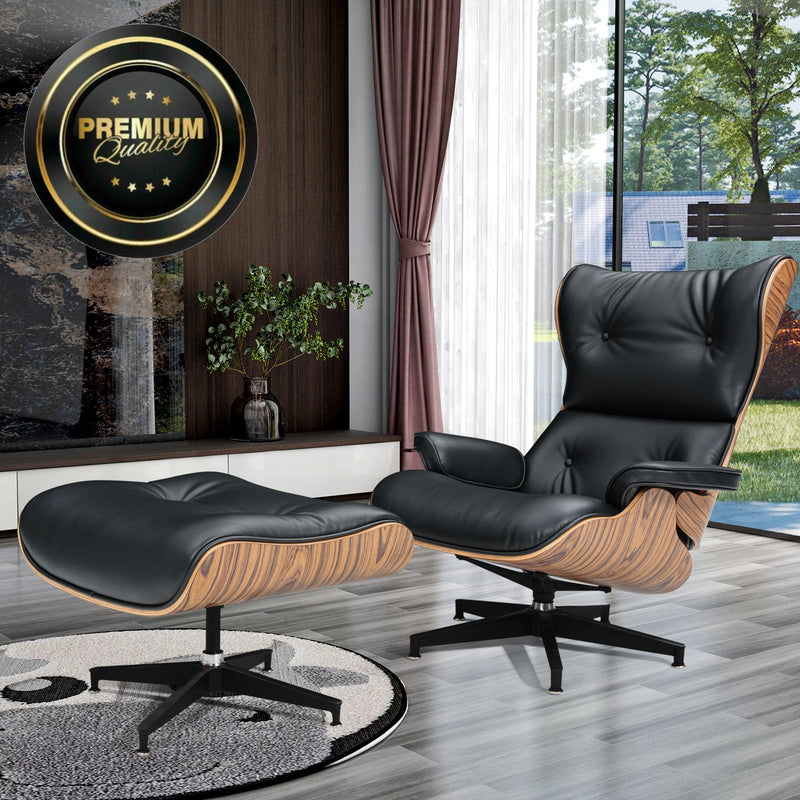Deluxe Wooden High Back Leather Swivel Lounge Chair with Ottoman - Avionnti