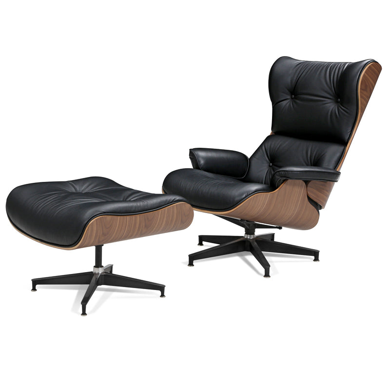 Deluxe Wooden High Back Leather Swivel Lounge Chair with Ottoman - Avionnti