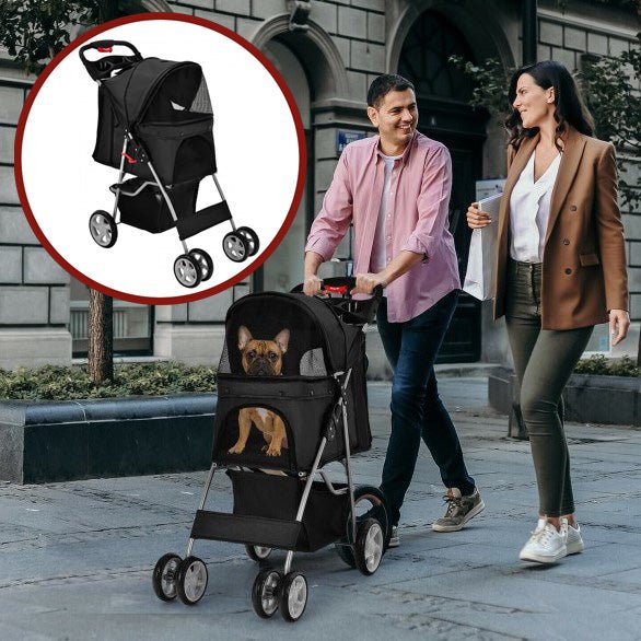 Foldable 4-Wheel Breathable Pet Stroller with Storage Basket - Avionnti