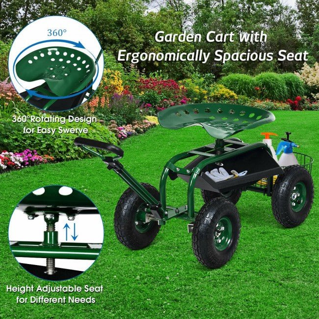 Heavy-Duty Garden Rolling Scooter Cart with 360 Swivel Seat - Avionnti