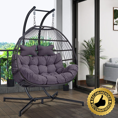 Premium 2-Seater Hanging Patio Egg Swing Cushion Chair With Stand - Avionnti