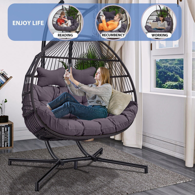 Premium 2-Seater Hanging Patio Egg Swing Cushion Chair With Stand - Avionnti