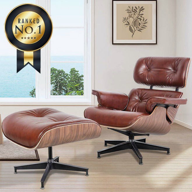 Premium Aniline Leather Plywood Swivel Lounge Chair With Ottoman - Avionnti