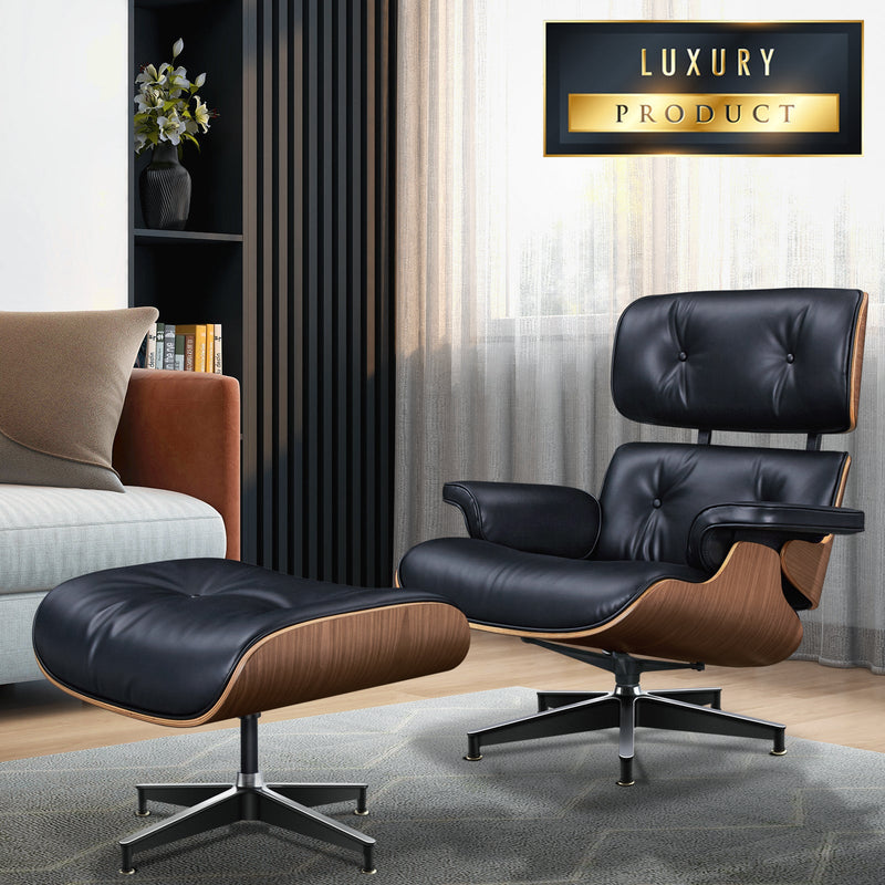 Premium Extra Large Aniline Leather Swivel Lounge Chair With Ottoman - Avionnti