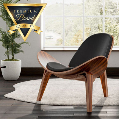 Premium Faux Leather Modern Shell Lounge Chair With Tripod Wood Frame - Avionnti