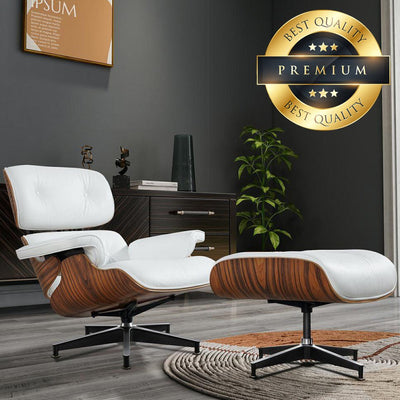 Premium Leather Wooden Ergonomic Swivel Lounge Chair With Ottoman - Avionnti