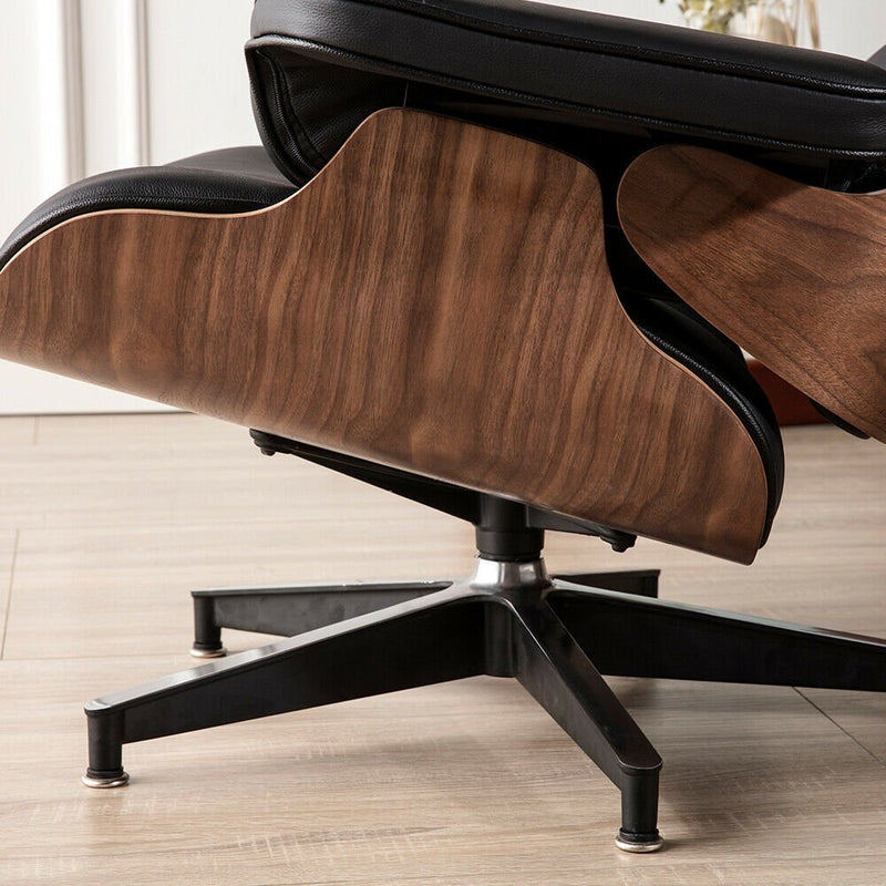 Premium Leather Wooden Ergonomic Swivel Lounge Chair With Ottoman - Avionnti