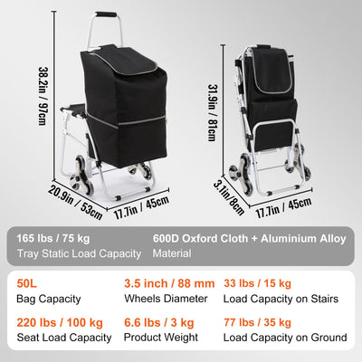 Sturdy 50L Foldable Shopping Stair Climbing Cart With Bag And Seat - Avionnti